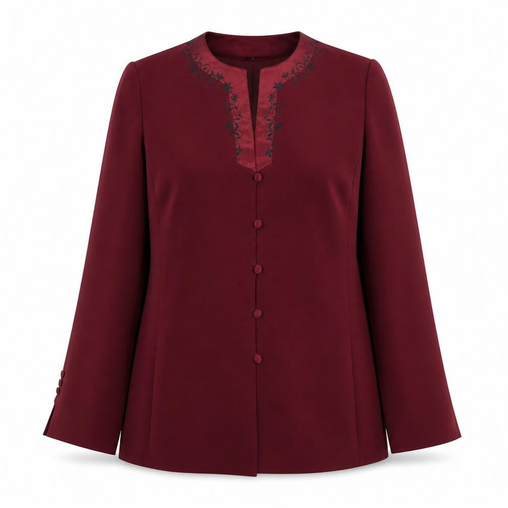 Front view of Jacques Vert Women's Burgundy Long Sleeve Suit Jacket, size 14, Polyester Lined
