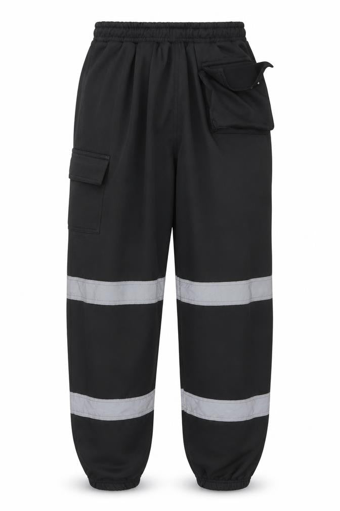Front view of Dolce Vari Men's Black Reflective Workwear Jogger Trousers, size L