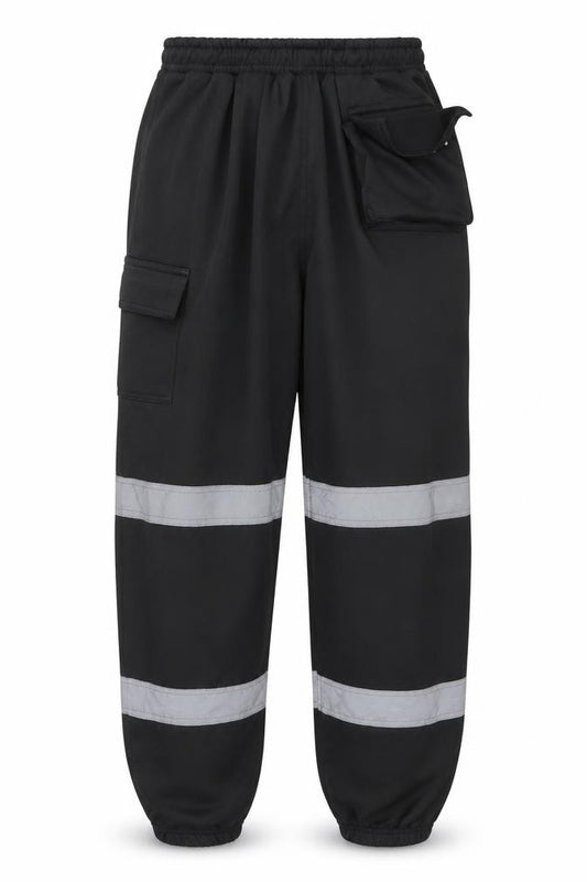 Front view of Dolce Vari Men's Black Reflective Workwear Jogger Trousers, size L