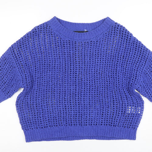 Zara Women's Blue Open Knit Cotton Jumper Size S Short Sleeve