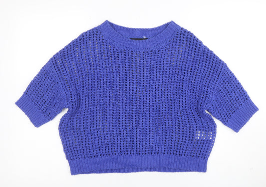 Zara Women's Blue Open Knit Cotton Jumper Size S Short Sleeve