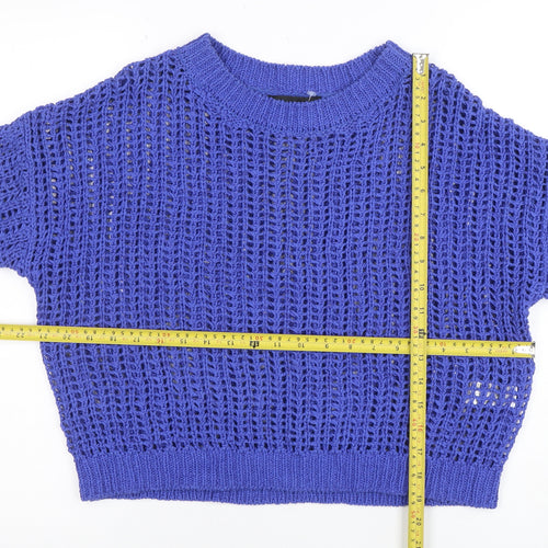 Zara Women's Blue Open Knit Cotton Jumper Size S Short Sleeve