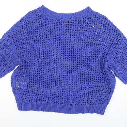 Zara Women's Blue Open Knit Cotton Jumper Size S Short Sleeve