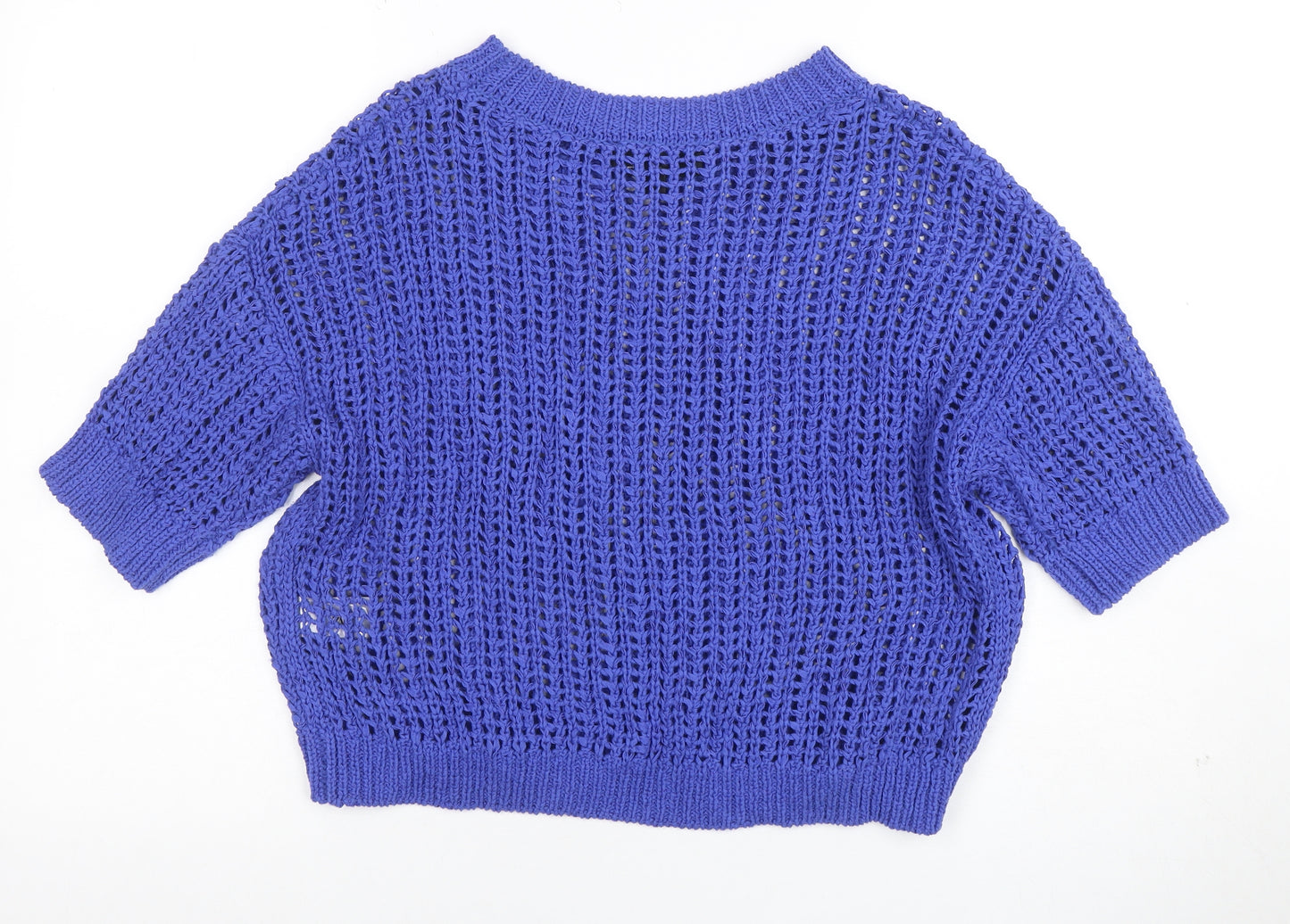 Zara Women's Blue Open Knit Cotton Jumper Size S Short Sleeve
