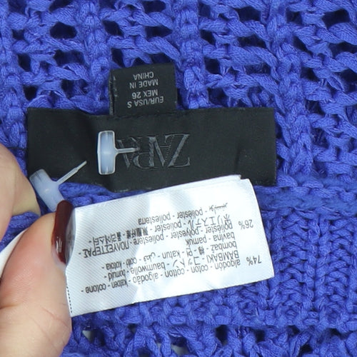 Zara Women's Blue Open Knit Cotton Jumper Size S Short Sleeve