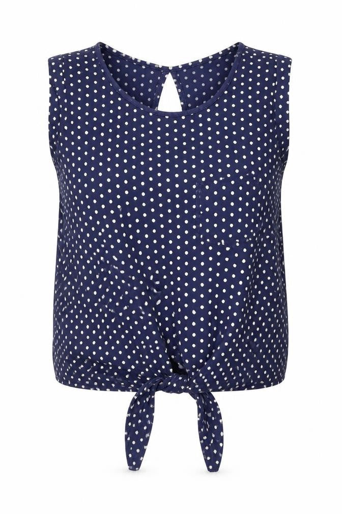 Front view of Look Women's Blue Polka Dot Sleeveless Cropped Blouse, size 8