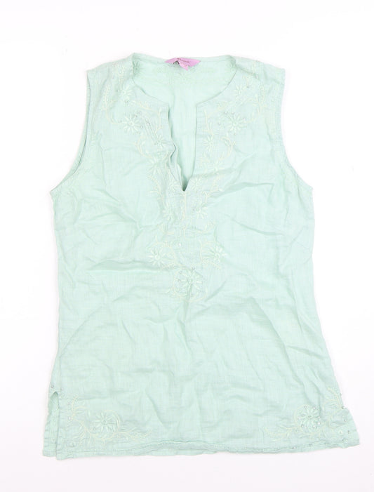 Monsoon Women’s Green Linen Embroidered Sleeveless Tunic Blouse Size 8