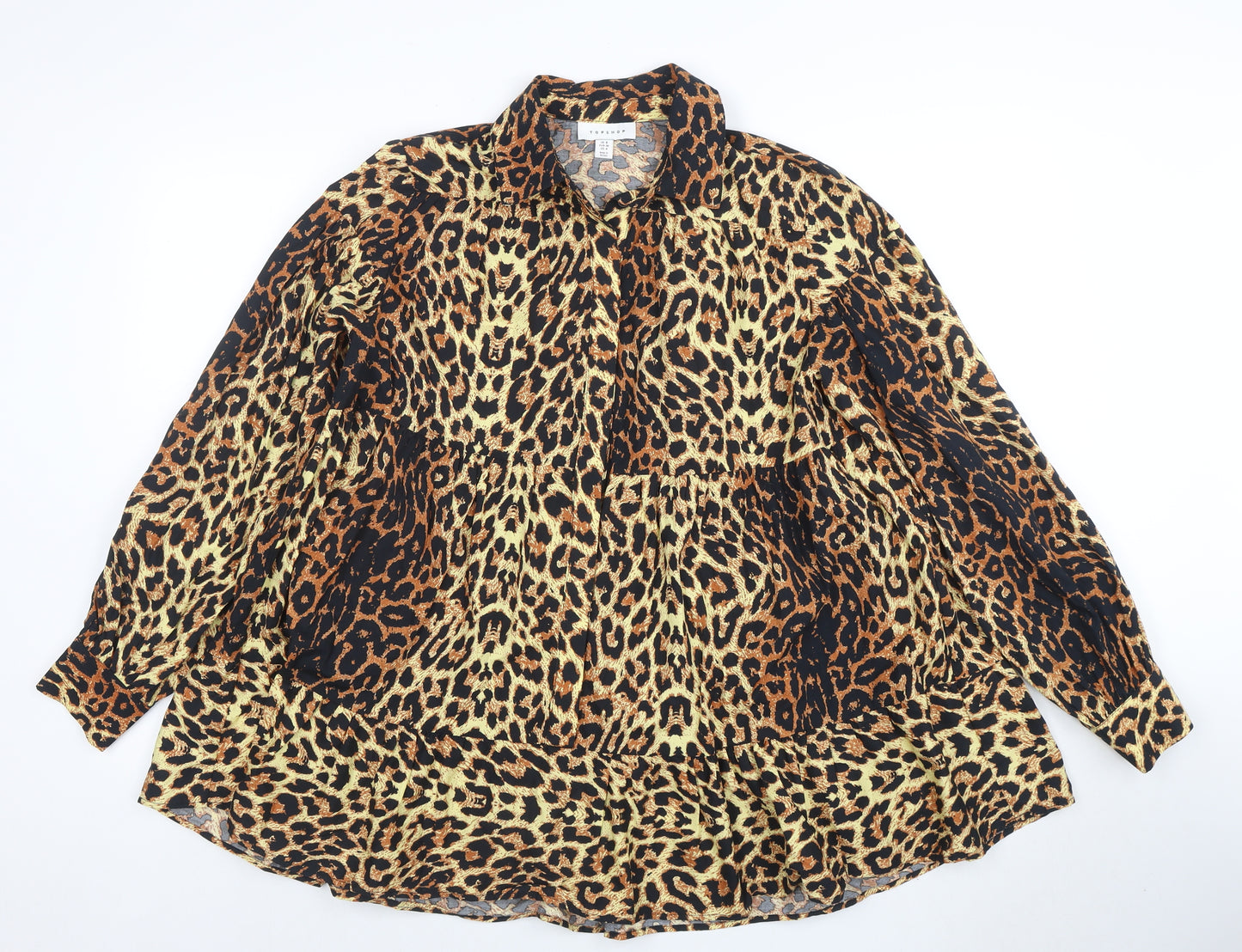 Topshop Women Brown Leopard Print Collared Shirt Dress Size 8