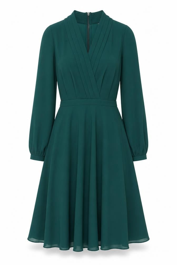 Atterley Women Green Size 8 Fit & Flare V-Neck Long Sleeve Dress