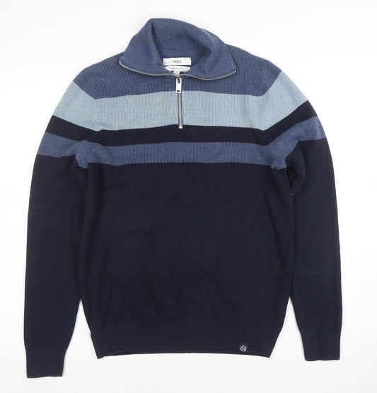 Marks and Spencer Women’s Blue Striped Small Half Zip Knit Jumper