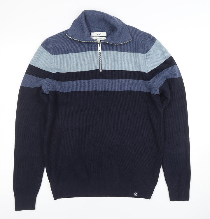 Marks and Spencer Women’s Blue Striped Small Half Zip Knit Jumper