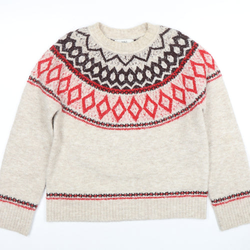 Marks and Spencer Women Beige Fair Isle Wool Pullover Jumper XS