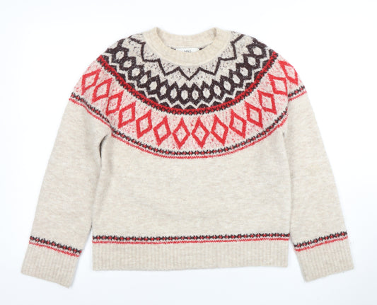 Marks and Spencer Women Beige Fair Isle Wool Pullover Jumper XS