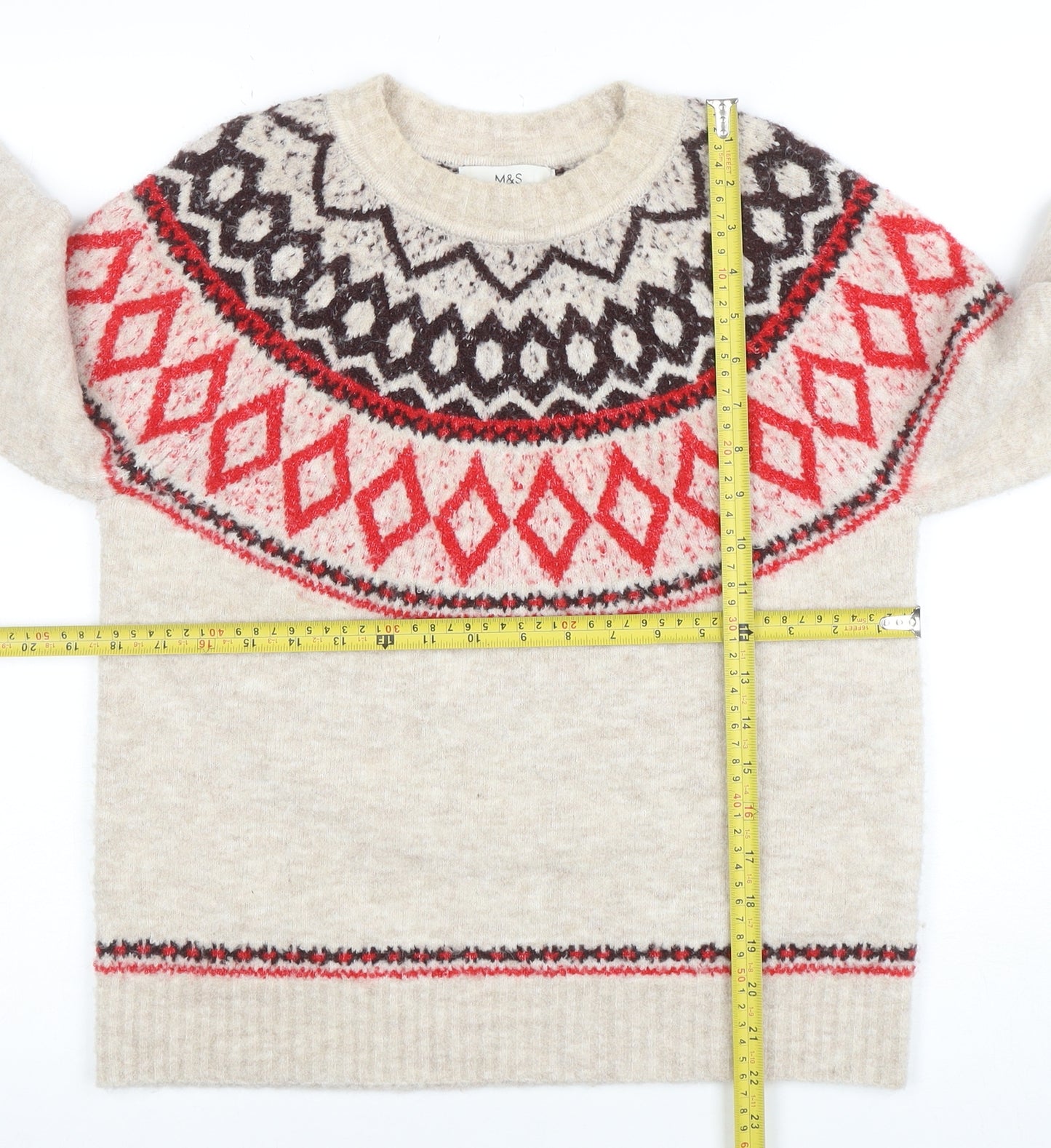 Marks and Spencer Women Beige Fair Isle Wool Pullover Jumper XS