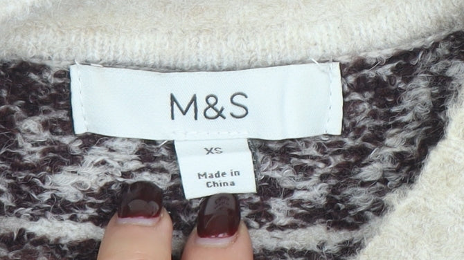 Marks and Spencer Women Beige Fair Isle Wool Pullover Jumper XS