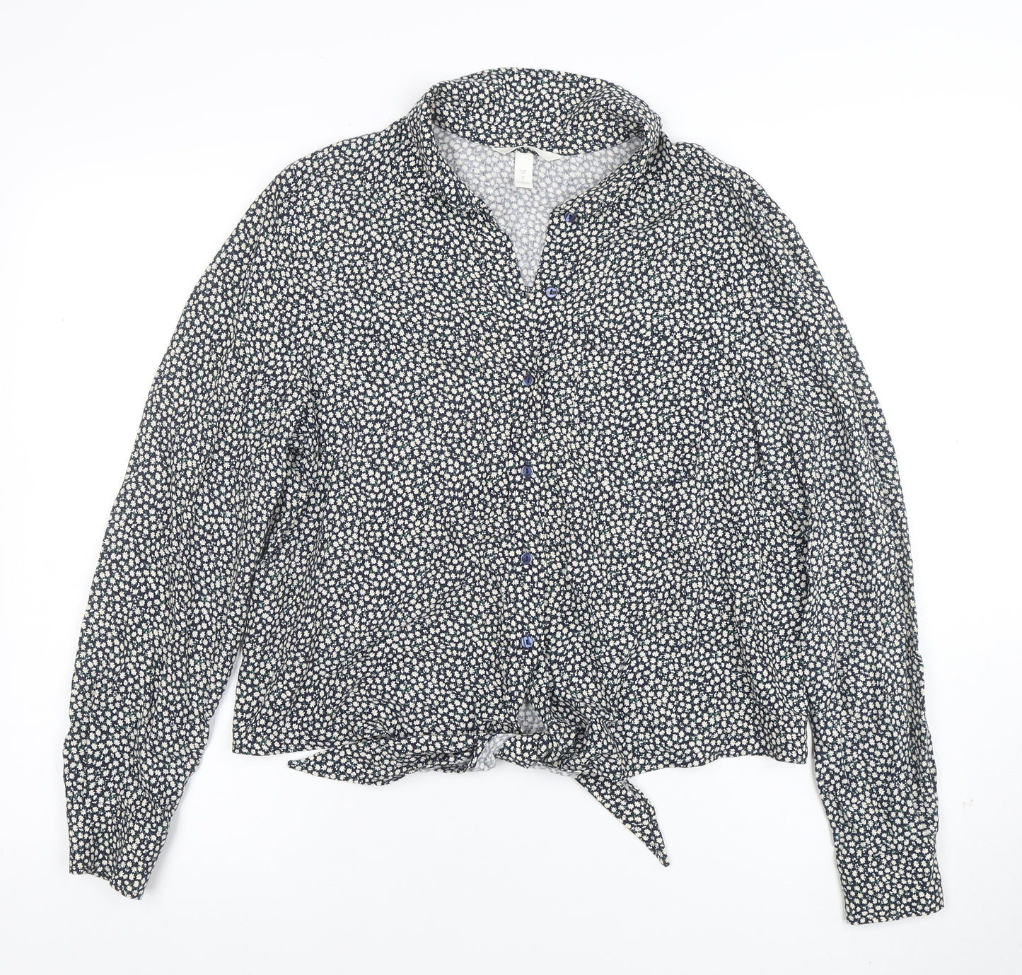 H&M Women's Blue Floral Tie Front Button-Up Blouse Size 8