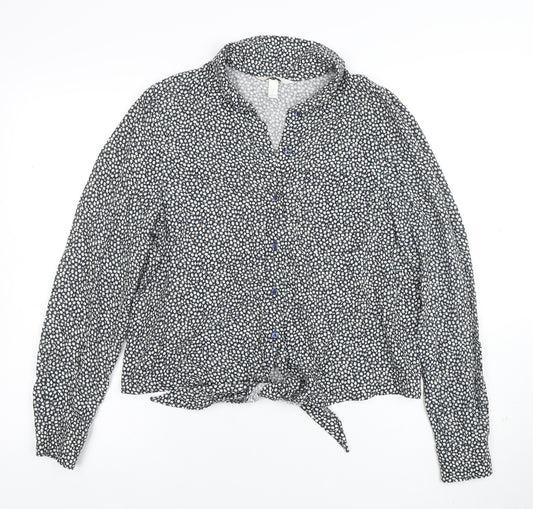 H&M Women's Blue Floral Tie Front Button-Up Blouse Size 8