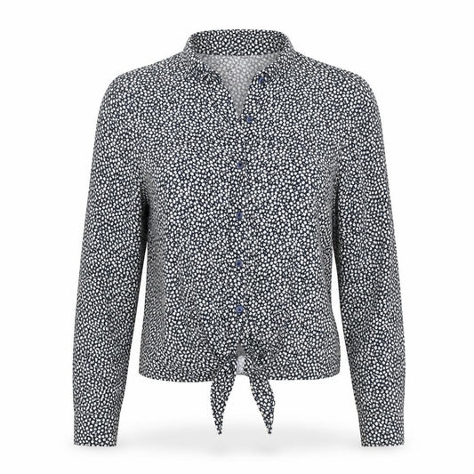 Front view of H&M Women's Blue Floral Tie Front Button-Up Blouse, size 8