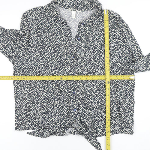 H&M Women's Blue Floral Tie Front Button-Up Blouse Size 8
