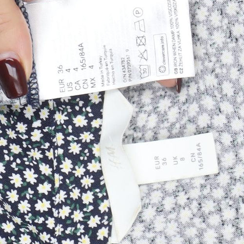 H&M Women's Blue Floral Tie Front Button-Up Blouse Size 8