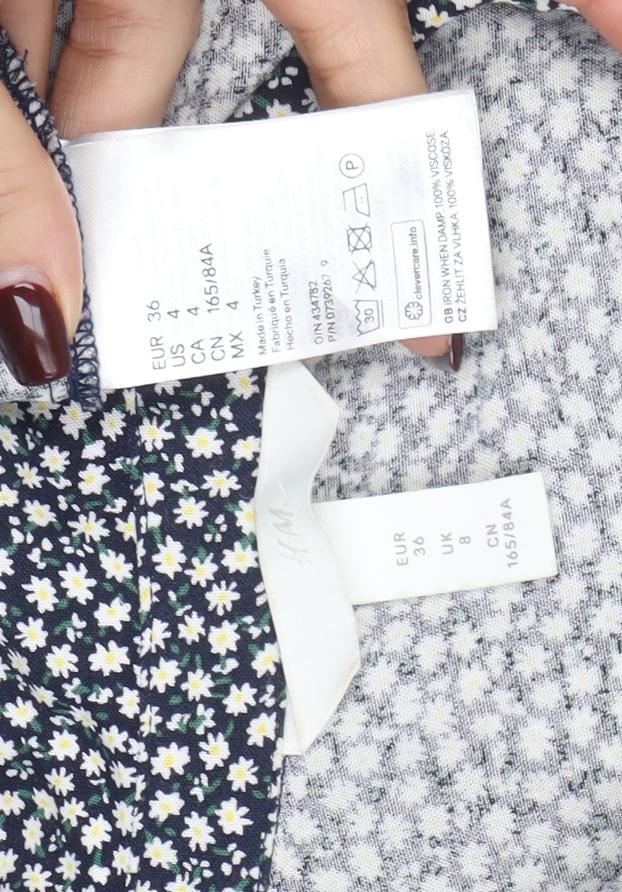 H&M Women's Blue Floral Tie Front Button-Up Blouse Size 8