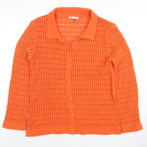 Zara Women Orange Open-Knit Button Cardigan Size 10 Polyester