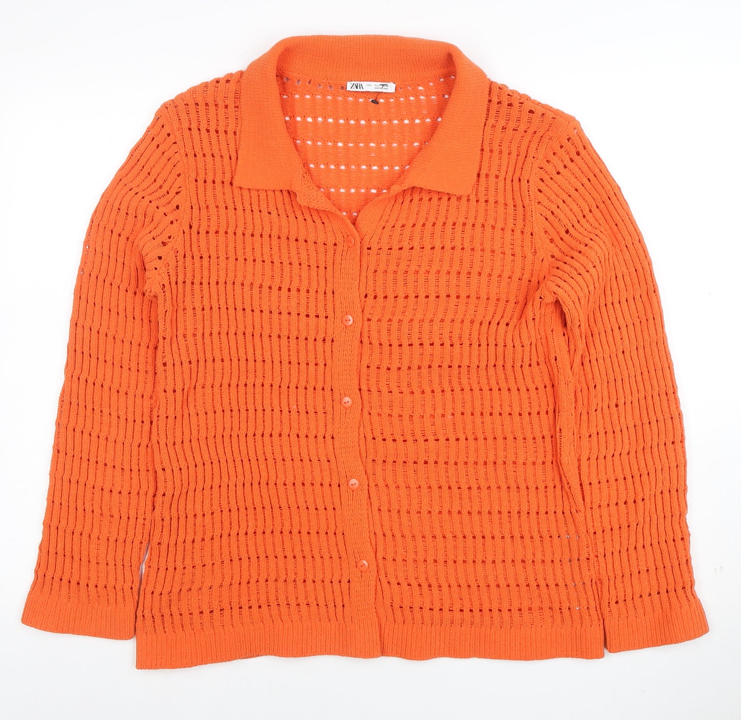 Zara Women Orange Open-Knit Button Cardigan Size 10 Polyester