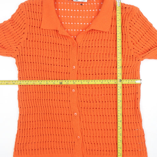 Zara Women Orange Open-Knit Button Cardigan Size 10 Polyester