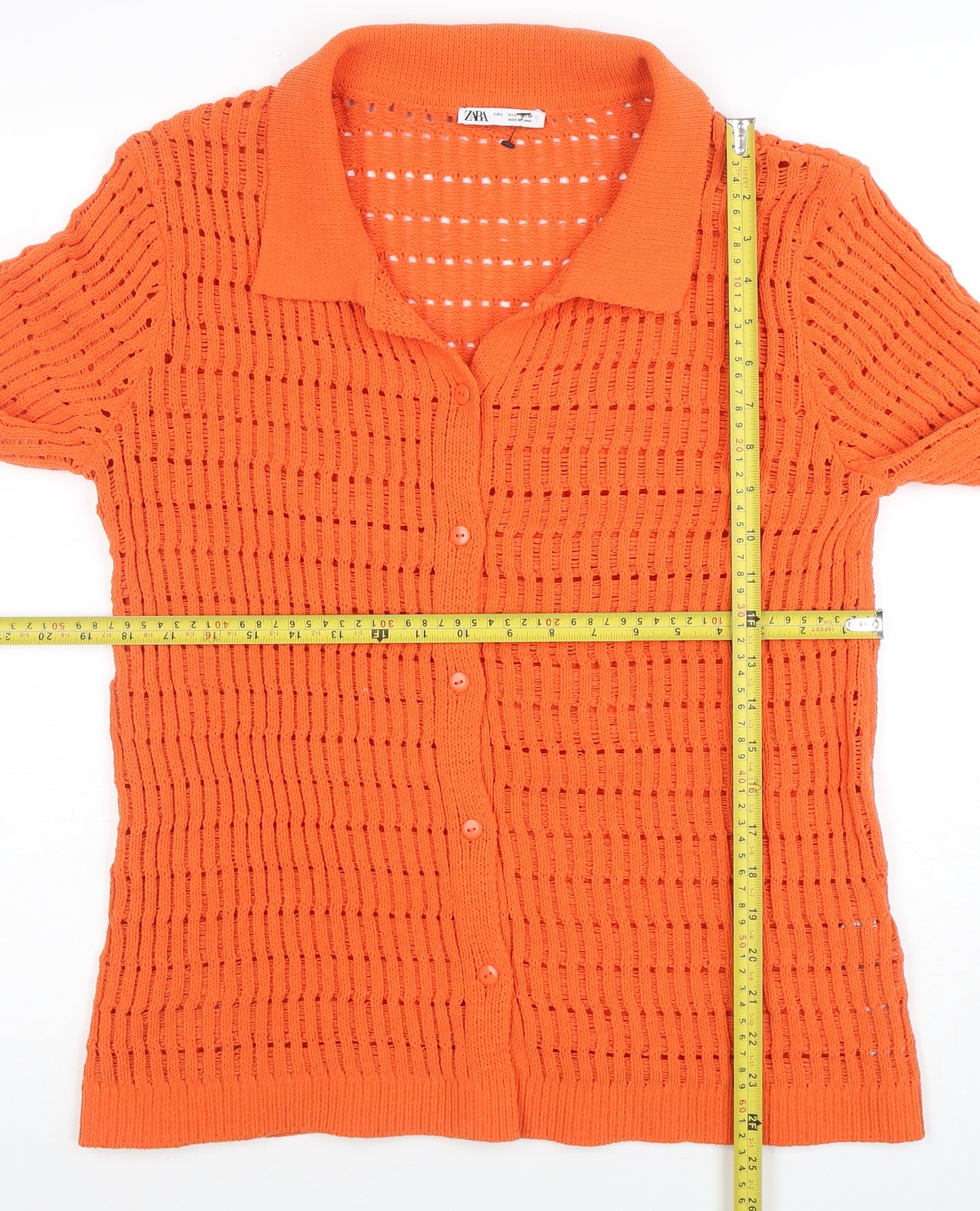Zara Women Orange Open-Knit Button Cardigan Size 10 Polyester