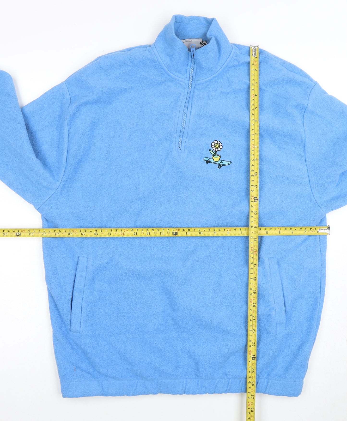 ASOS Men’s Blue Fleece Pullover Sweatshirt L 1/4 Zip Embroidered