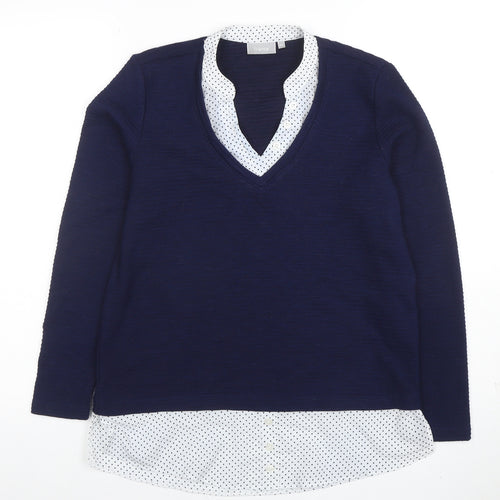 Fransa Women Navy Blue V-Neck Long Sleeve Jumper XS Polka Dot Hem