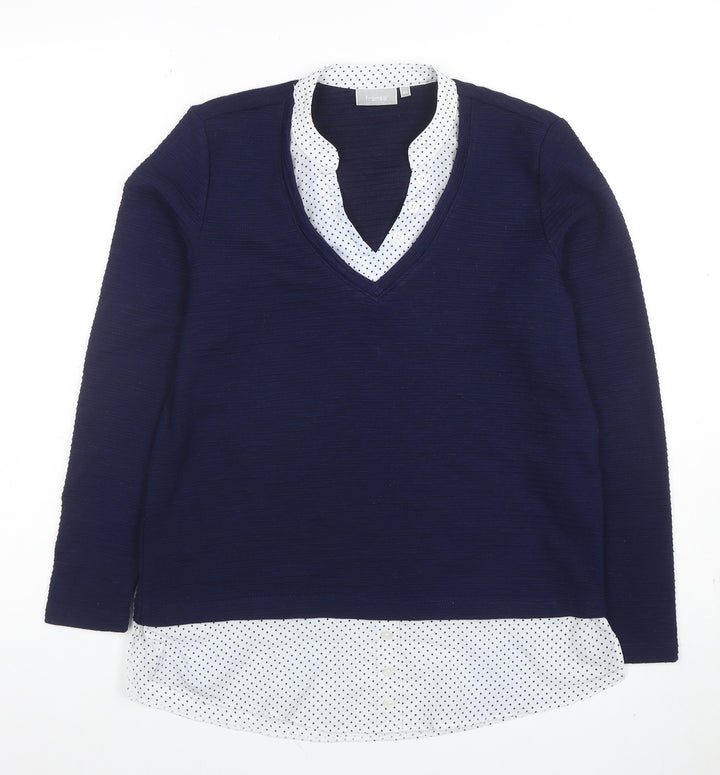 Fransa Women Navy Blue V-Neck Long Sleeve Jumper XS Polka Dot Hem