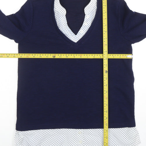 Fransa Women Navy Blue V-Neck Long Sleeve Jumper XS Polka Dot Hem