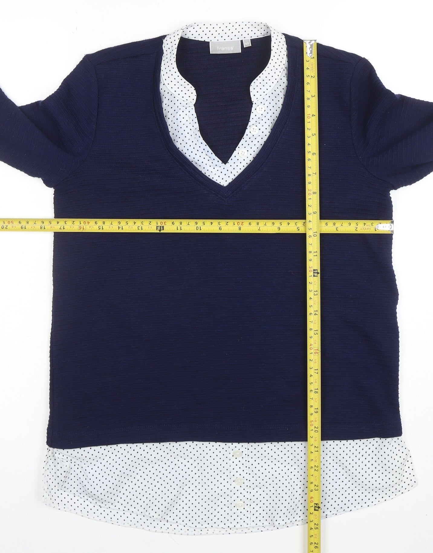 Fransa Women Navy Blue V-Neck Long Sleeve Jumper XS Polka Dot Hem