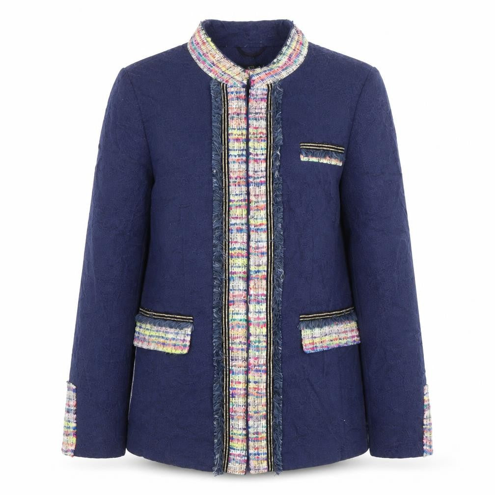 Front view of Madeleine Women Blue Cotton Blend Classic Tweed Blazer M