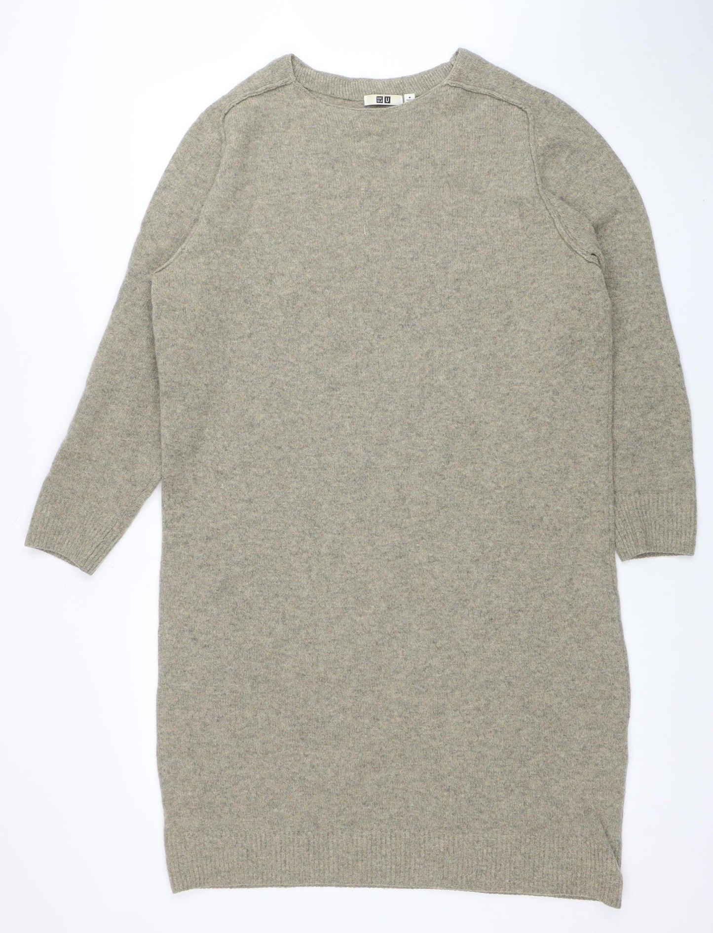 Uniqlo Women Beige Wool Knit Sweater Dress M 3/4 Sleeve Crew Neck