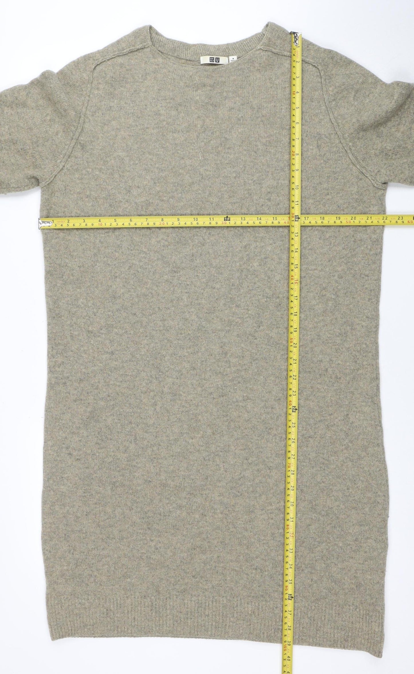 Uniqlo Women Beige Wool Knit Sweater Dress M 3/4 Sleeve Crew Neck