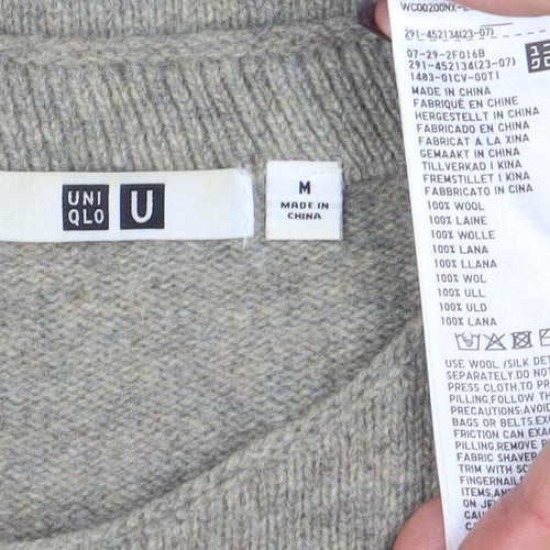 Uniqlo Women Beige Wool Knit Sweater Dress M 3/4 Sleeve Crew Neck