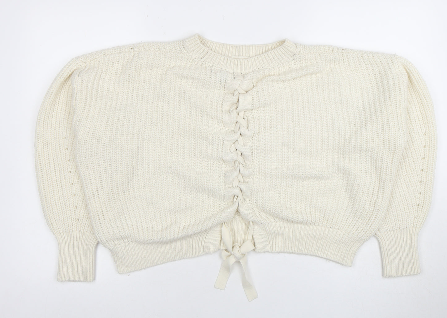New Look Women Ivory Knit Lace-Up Crew Neck Jumper M