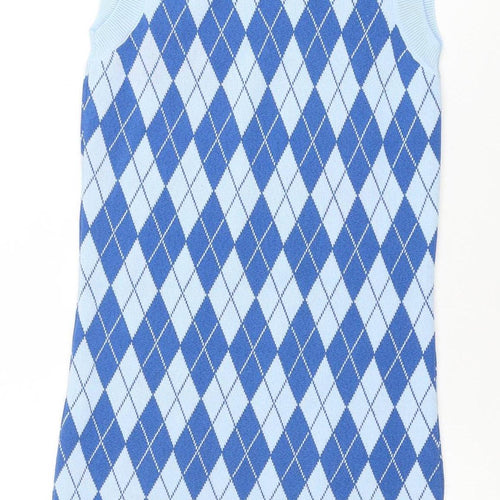 ZARA Women Blue Argyle Sleeveless Knit Shift Dress Size 10