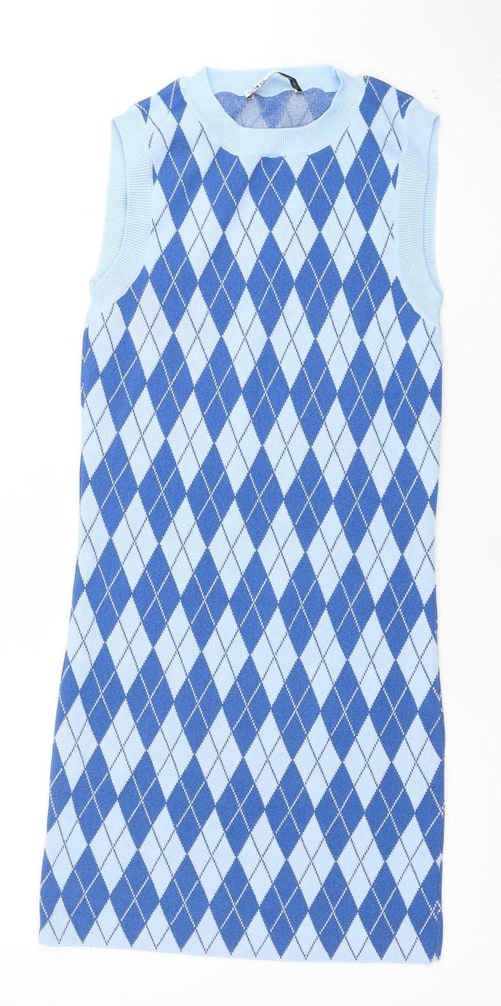 ZARA Women Blue Argyle Sleeveless Knit Shift Dress Size 10