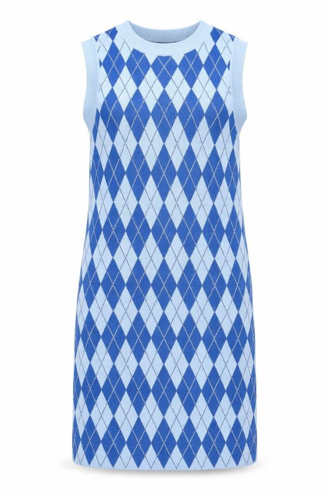 ZARA Women Blue Argyle Sleeveless Knit Shift Dress Size 10