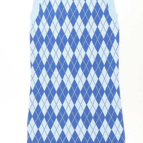 ZARA Women Blue Argyle Sleeveless Knit Shift Dress Size 10
