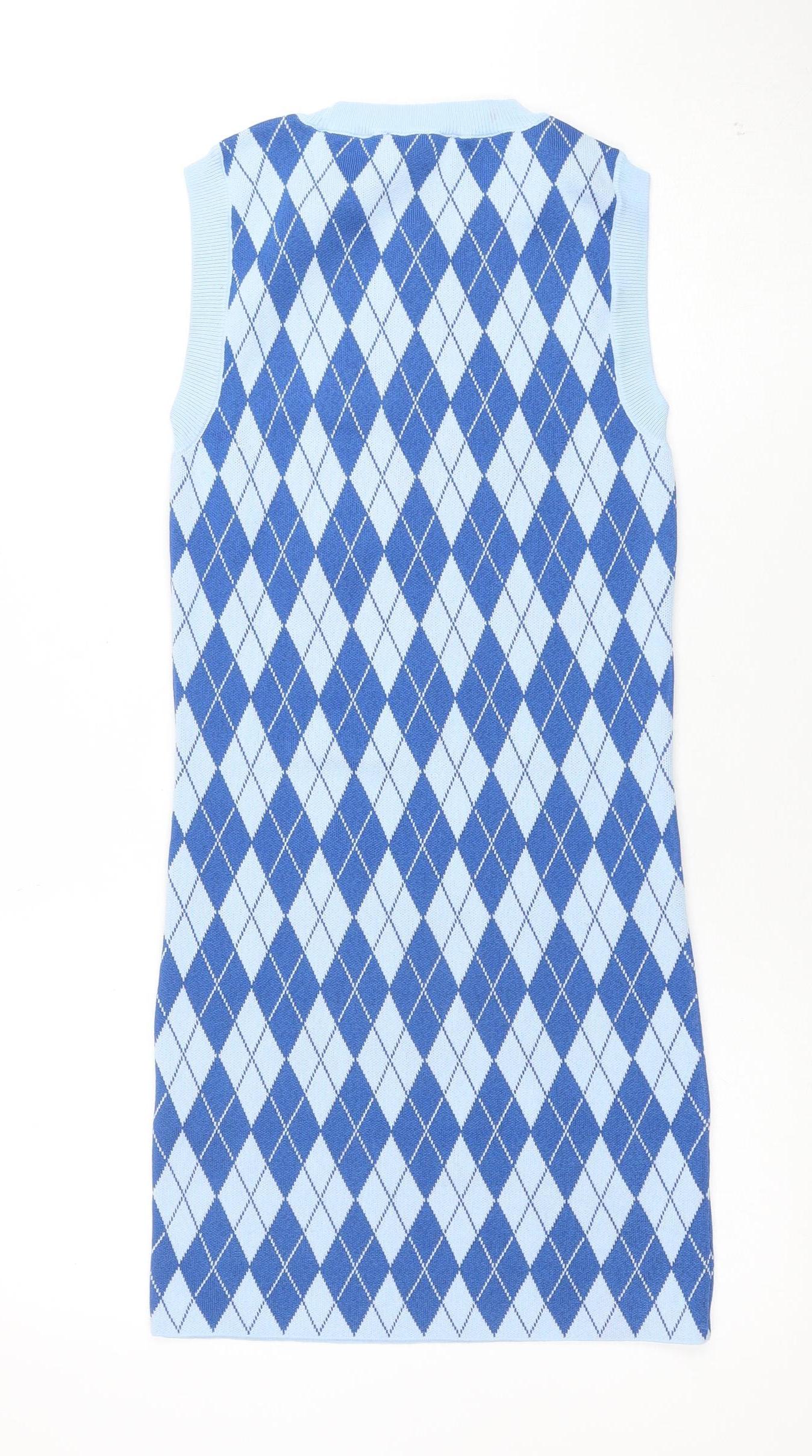 ZARA Women Blue Argyle Sleeveless Knit Shift Dress Size 10