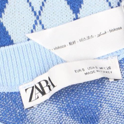 ZARA Women Blue Argyle Sleeveless Knit Shift Dress Size 10