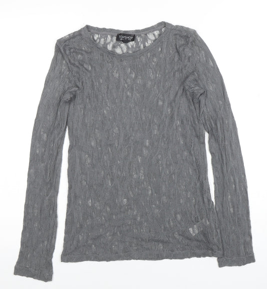 Topshop Women Grey Knit Sheer Long Sleeve Crew Neck Top UK 10