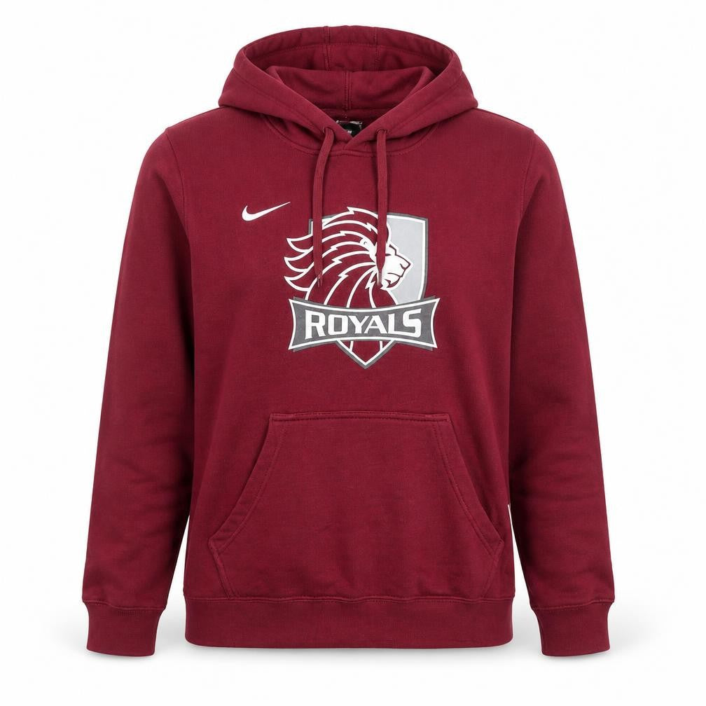 Front view of Nike women’s maroon royals hoodie, size S, pullover kangaroo pocket