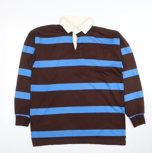 SuperSport Men's Brown Blue Striped Long Sleeve Polo Shirt Size L 44