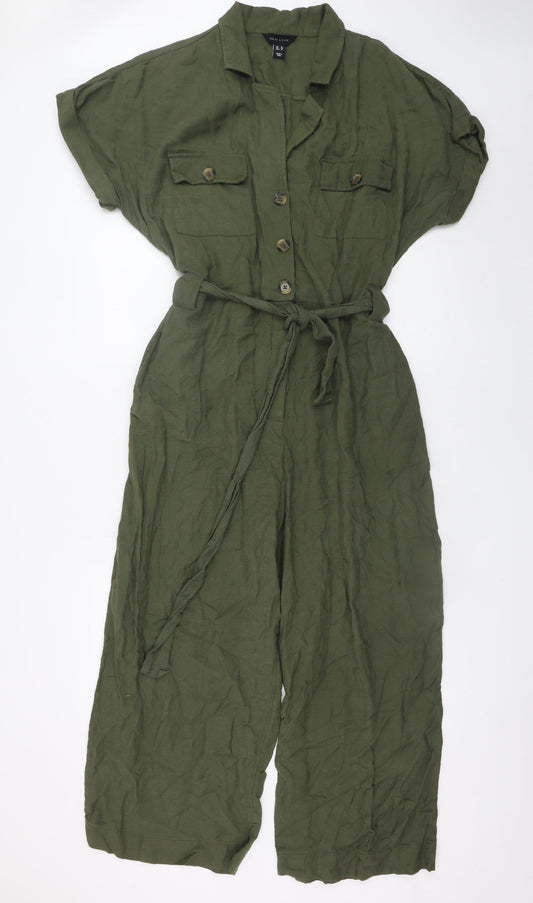 New Look Women's Green Linen Blend Collared Belted Jumpsuit Size 16