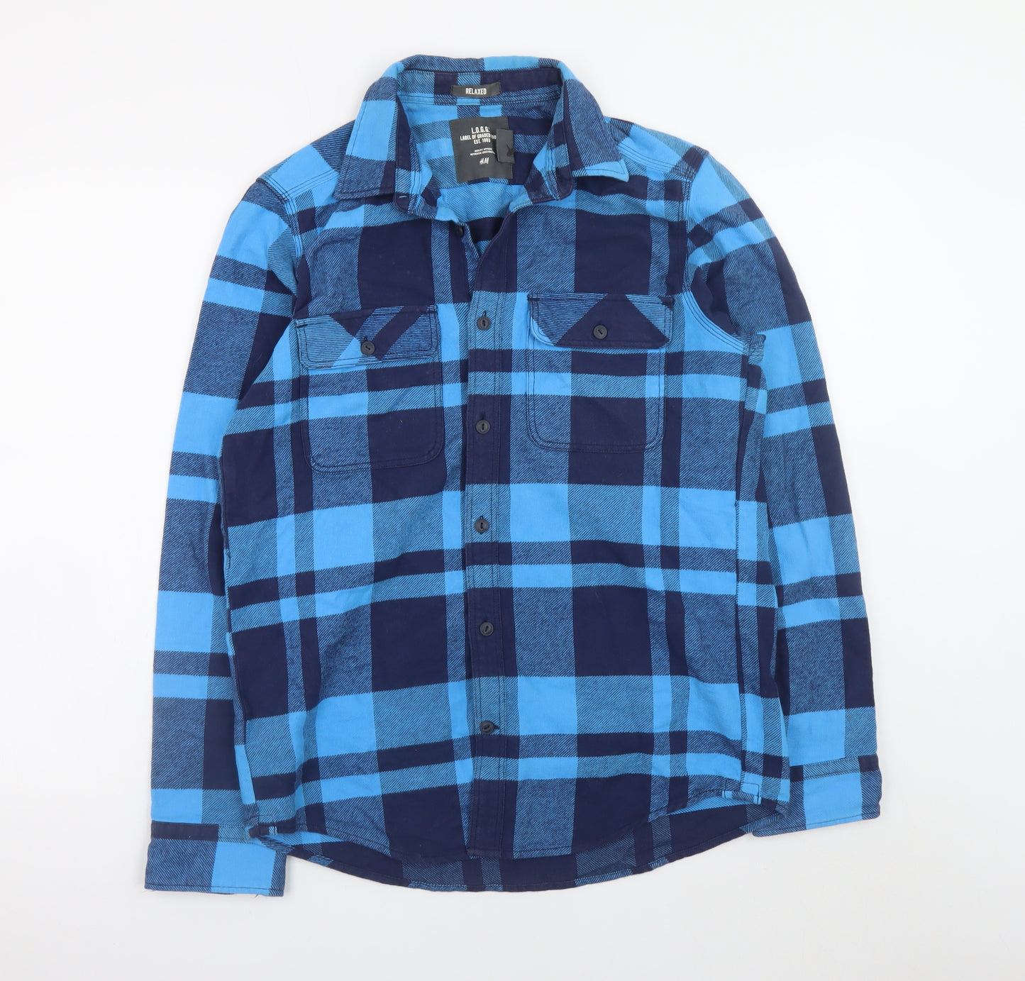 H&M L.O.G.G. Men's Blue Check Cotton Flannel Shirt Size S Relaxed Fit